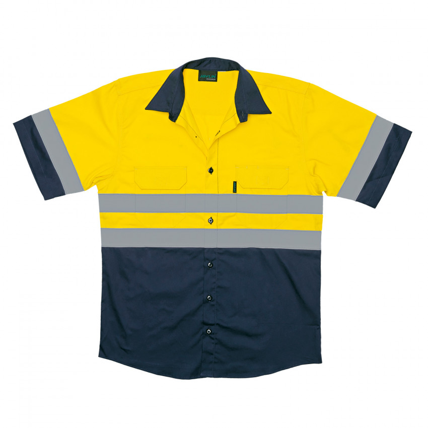 Two Tone Vented Reflective Short Sleeve Work Shirt - Navy & Yellow