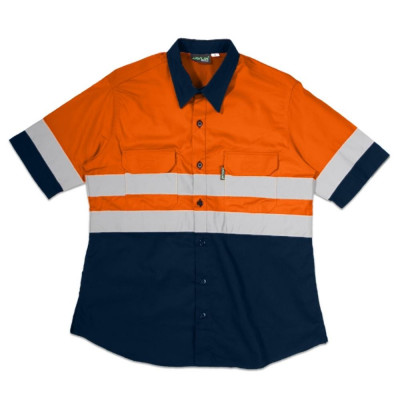 Ladies  Hi-Vis Two Tone Vented Short Sleeve Work Shirt - Navy & Orange