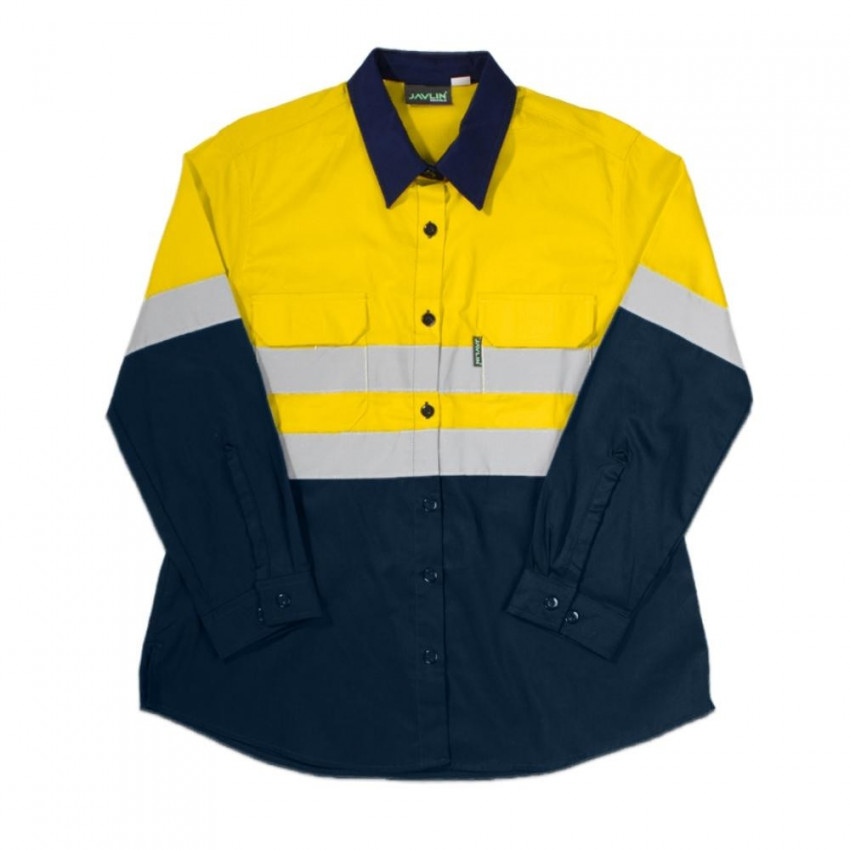 Ladies  Hi-Vis Two Tone Vented Long Sleeve Work Shirt - Navy & Yellow